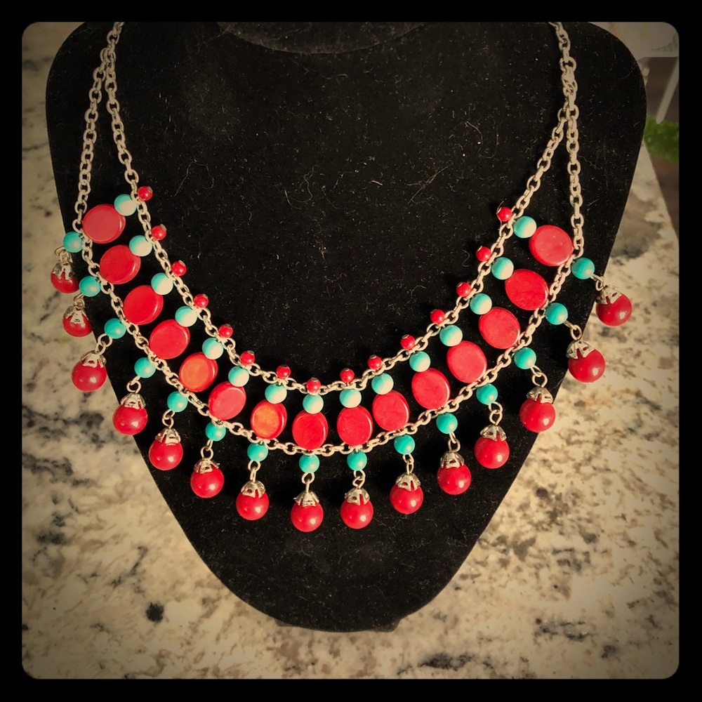 Spectacular turquoise blue and red necklace